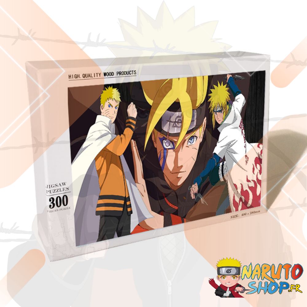 Puzzle quiz Naruto en bois 300 pièces avec Boruto, Naruto et Namikaze Minato