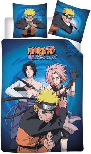 Parure Naruto réversible bleue avec housse de couette 140x200 et taie 63x63