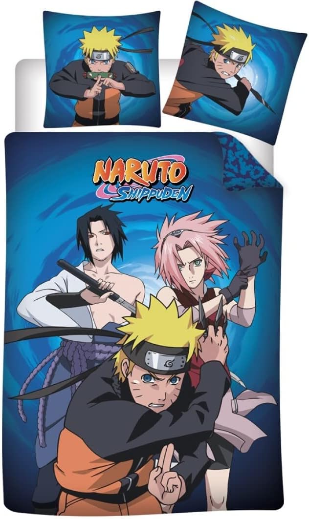 Parure Naruto réversible bleue avec housse de couette 140x200 et taie 63x63
