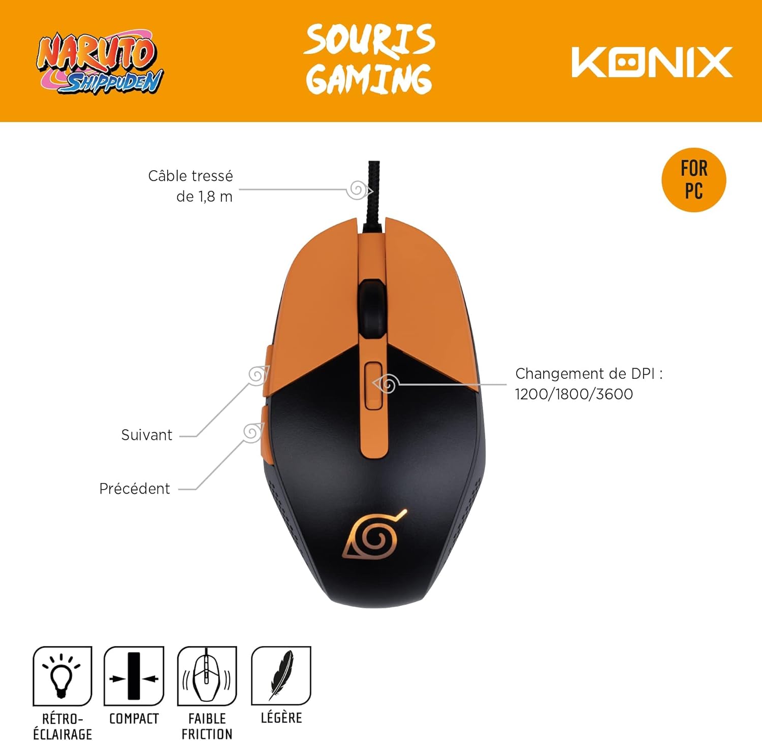 Souris gaming filaire Konix Naruto Shippuden Konoha LED – Image 5