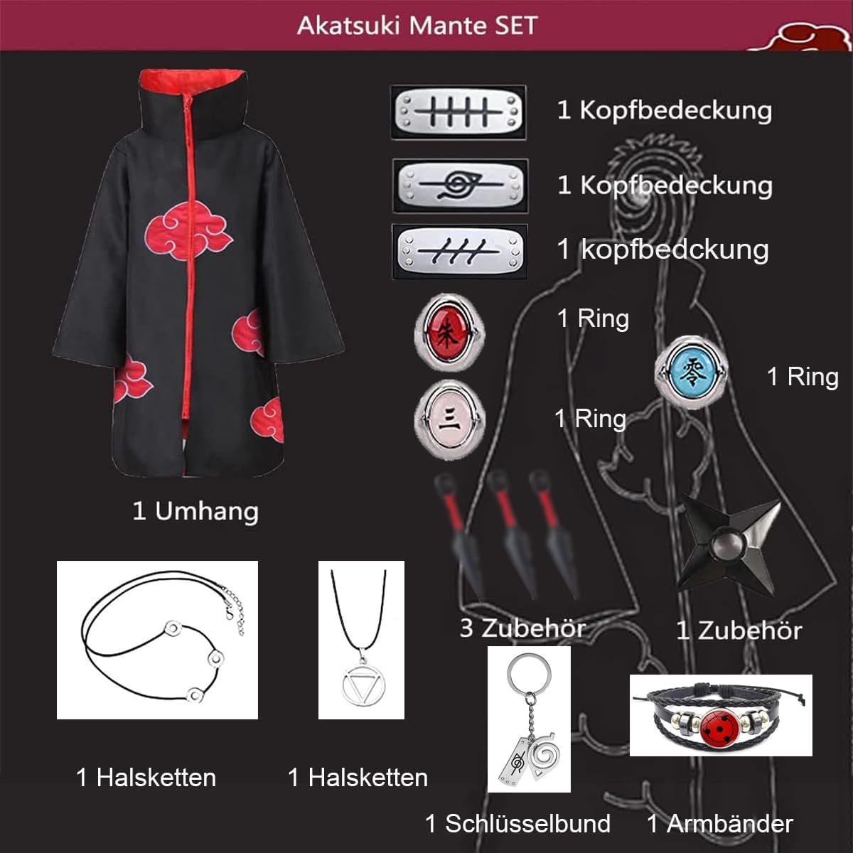 Costume Naruto Akatsuki Hidan Itachi avec 15 pièces – Image 3