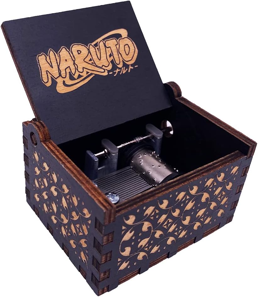 Boîte à musique Naruto à manivelle en bois sculpté noir et bleu – Image 2