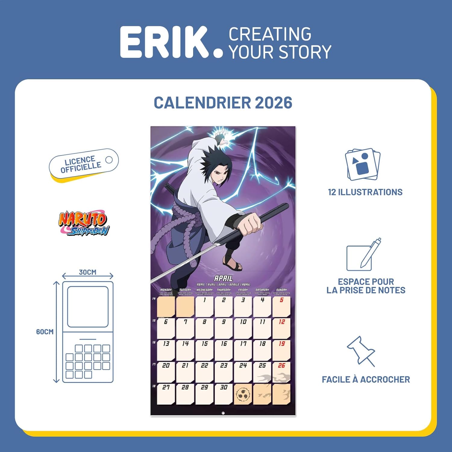 Calendrier mural Naruto 2026 mensuel 30x60cm – Image 3