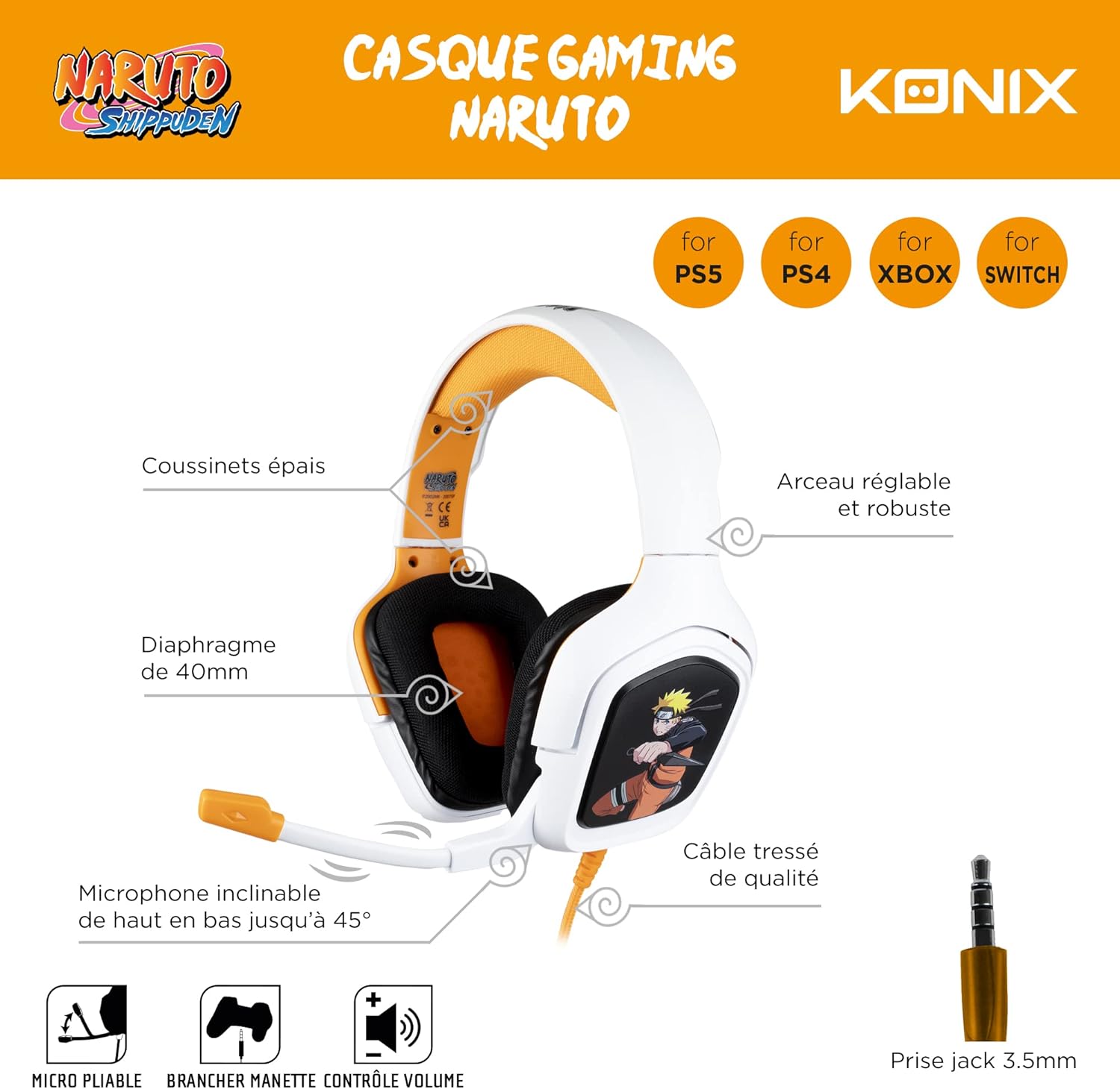 Casque gaming filaire Konix Naruto Shippuden avec micro et câble 1,5 m – Image 6