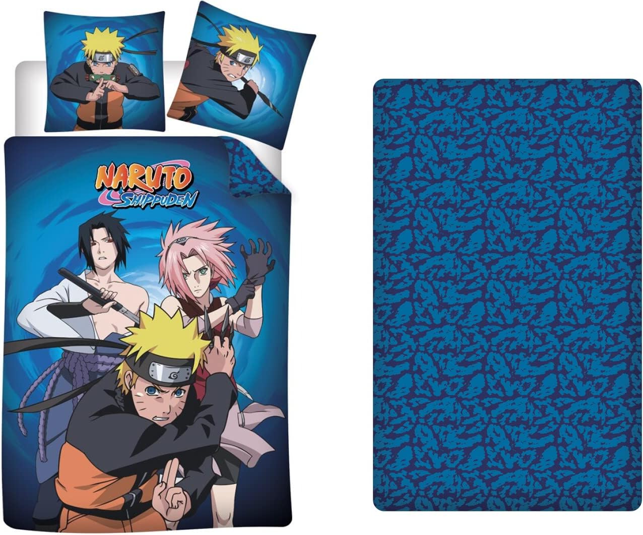 Parure de lit Naruto réversible 3 pièces avec drap-housse 90x190 cm