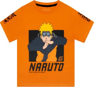 T-shirt garçon Naruto Uzumaki avec caractères japonais noirs