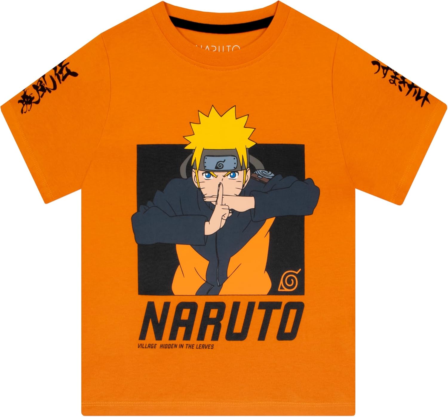 T-shirt garçon Naruto Uzumaki avec caractères japonais noirs