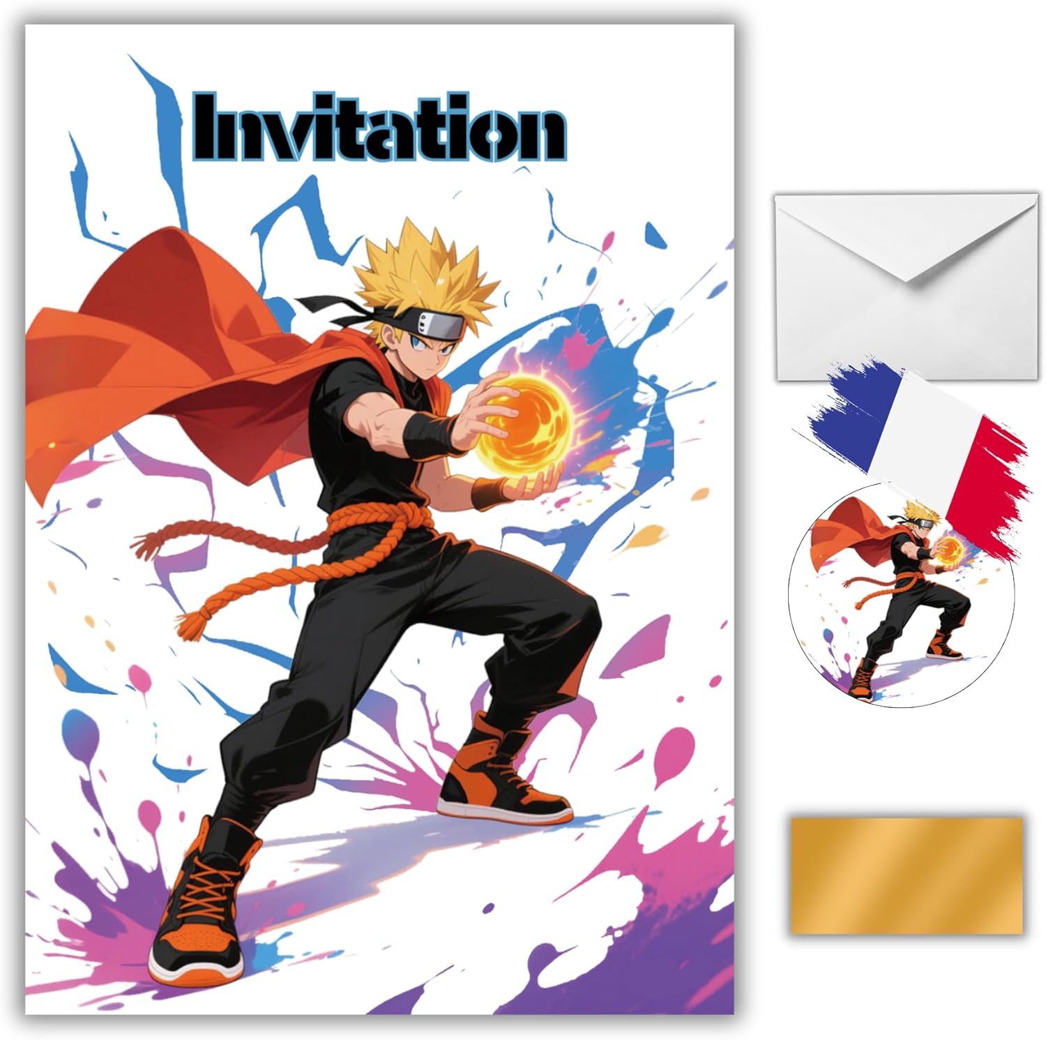 Invitations Naruto à gratter avec enveloppes, lot de 10