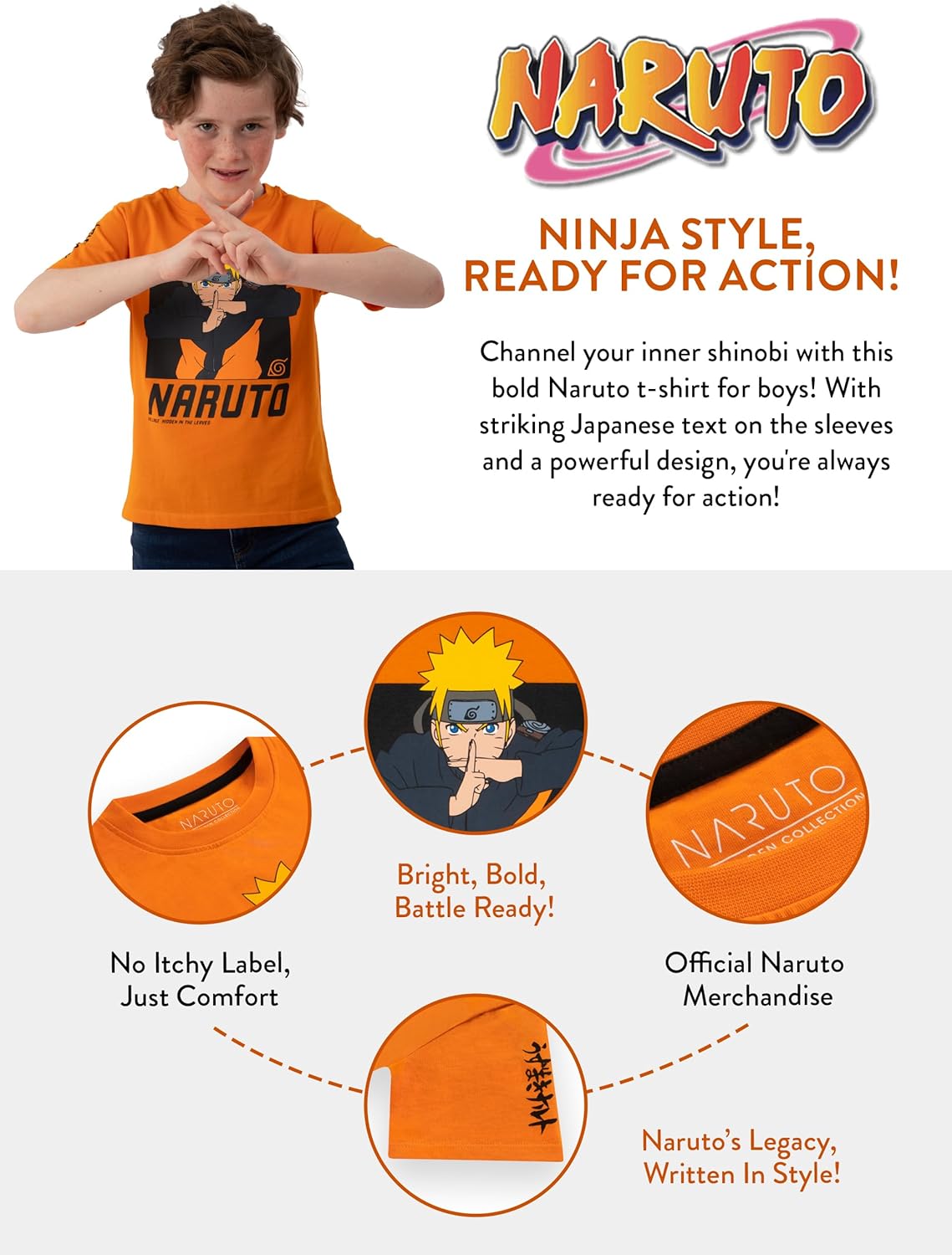 T-shirt garçon Naruto Uzumaki avec caractères japonais noirs – Image 7