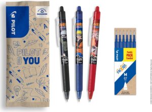 Set Pilot FriXion Naruto Shippuden, 3 stylos effaçables + 1 set de 6 recharges bleues