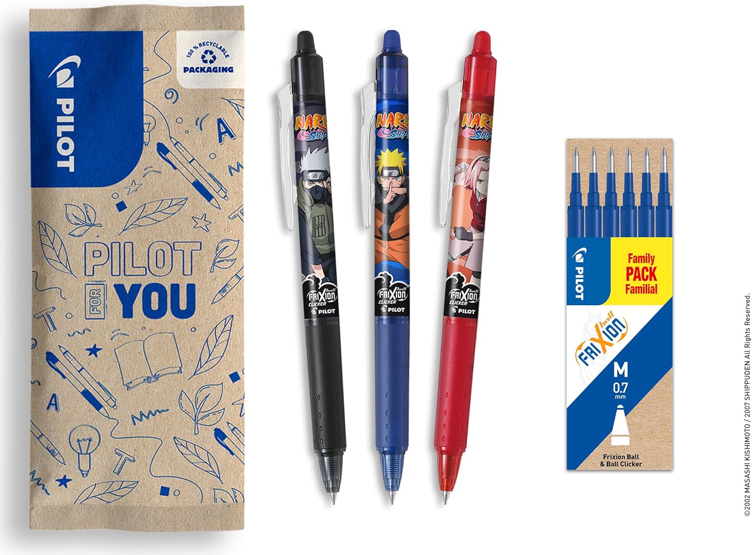 Set Pilot FriXion Naruto Shippuden, 3 stylos effaçables + 1 set de 6 recharges bleues