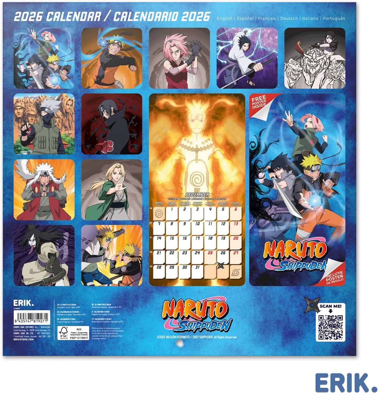 Calendrier mural Naruto 2026 mensuel 30x60cm – Image 2