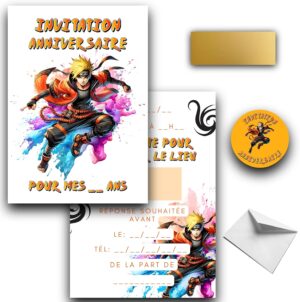 Invitations d'anniversaire Naruto avec autocollants et enveloppes dorées, lot de 10