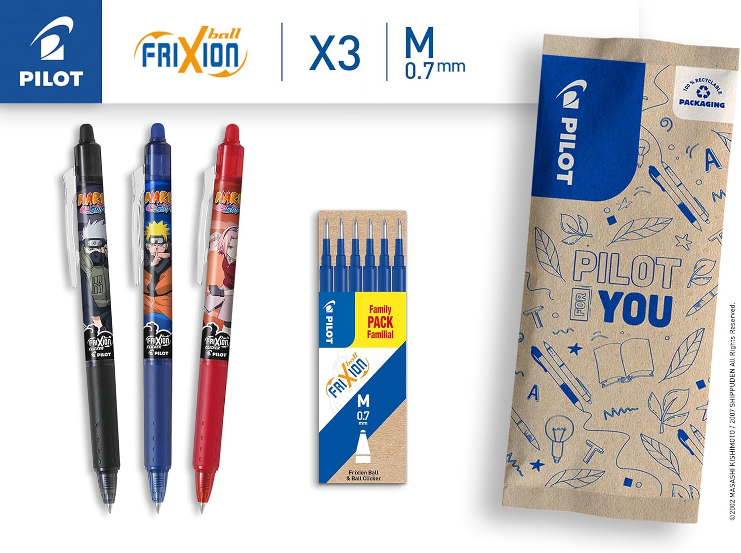 Set Pilot FriXion Naruto Shippuden, 3 stylos effaçables + 1 set de 6 recharges bleues – Image 2