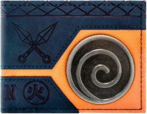 Portefeuille Naruto bi-fold bleu avec écusson Uzumaki Konoha en métal