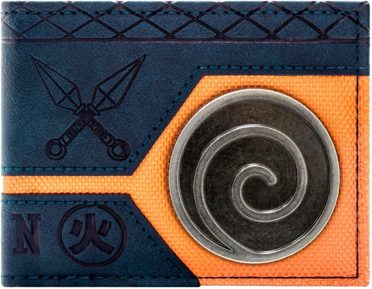 Portefeuille Naruto bi-fold bleu avec écusson Uzumaki Konoha en métal