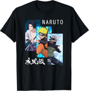 T-shirt Naruto Shippuden à manches courtes avec 3 panneaux et kanji