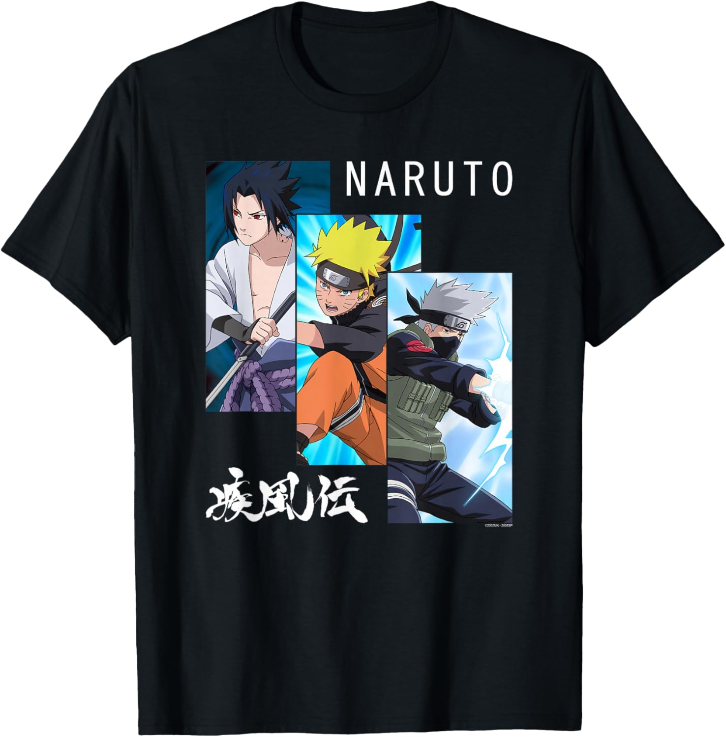 T-shirt Naruto Shippuden à manches courtes avec 3 panneaux et kanji