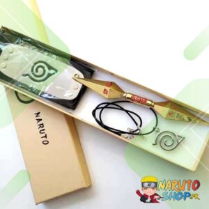Coffret Naruto avec kunai à double tranchant, bandeau Konoha et collier