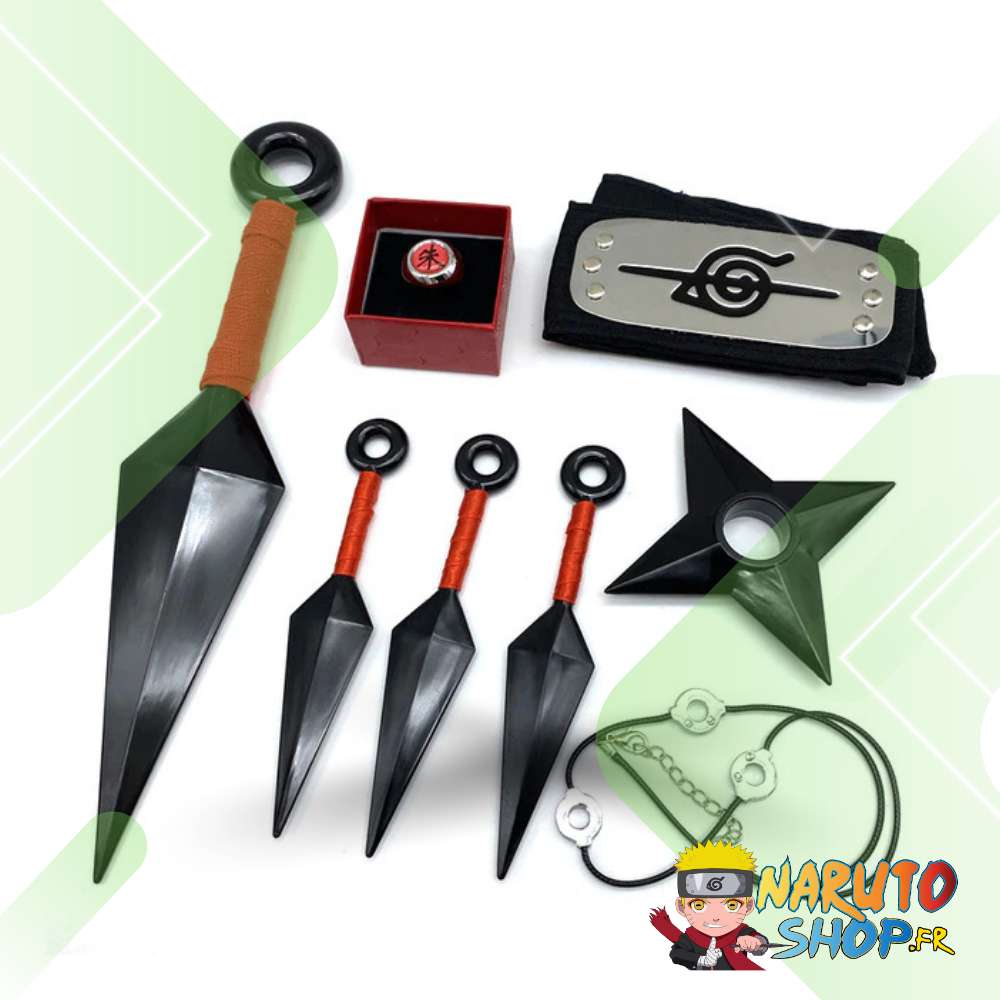 Kit Cosplay Naruto - 4 Kunai, Bandeau Konoha et Bague Akatsuki