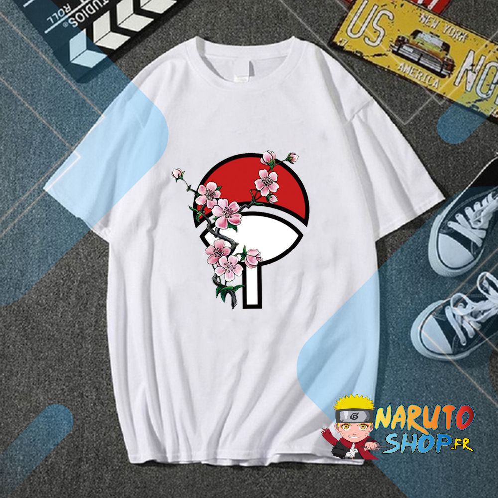 T-shirt Naruto fille blanc avec logo Uchiha et fleur