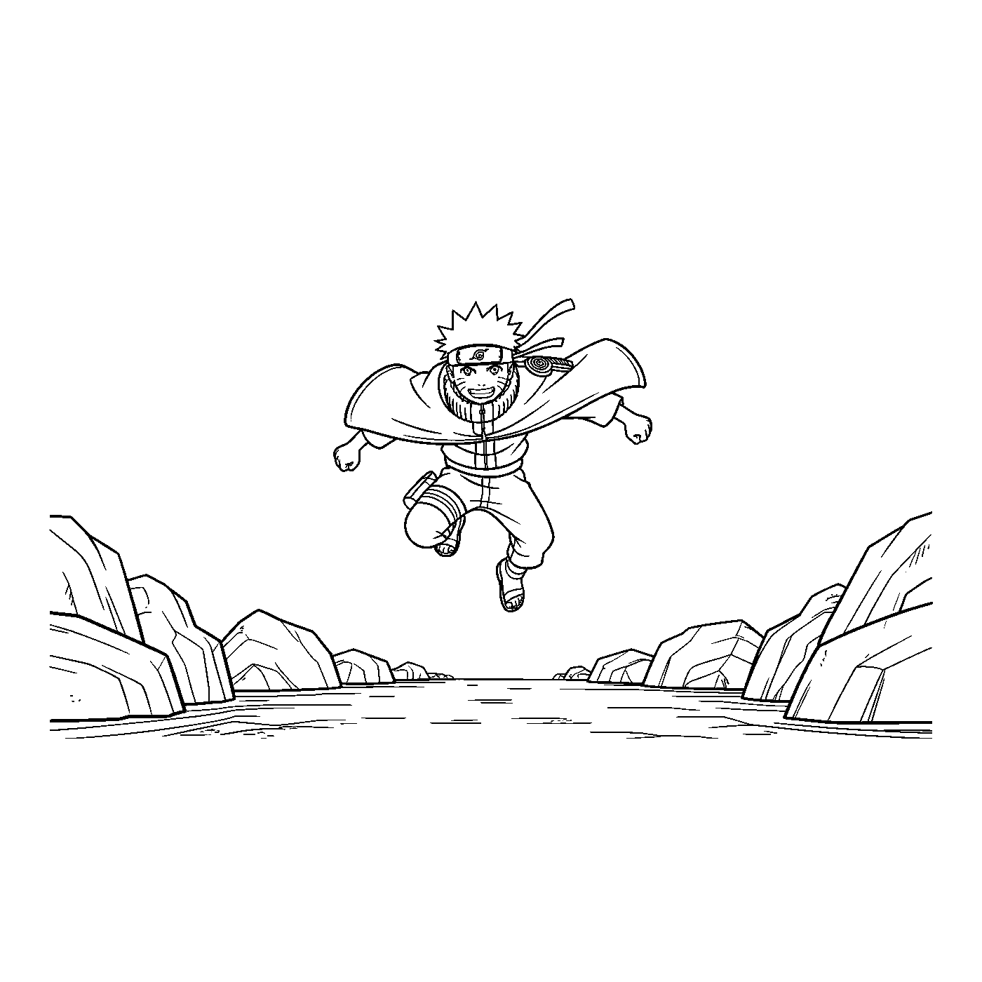 Coloriage Naruto gratuit à imprimer : Naruto saute entre les rochers