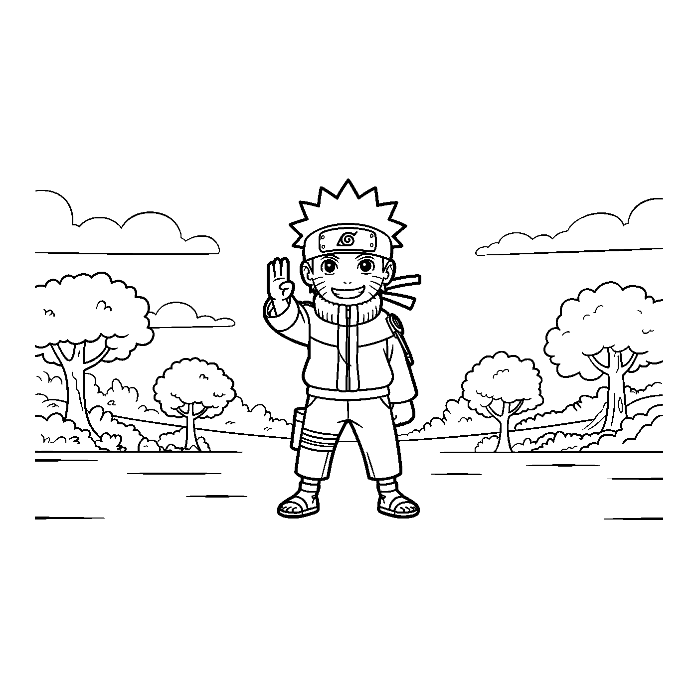 Coloriage Naruto gratuit à imprimer : Naruto salue dans un parc