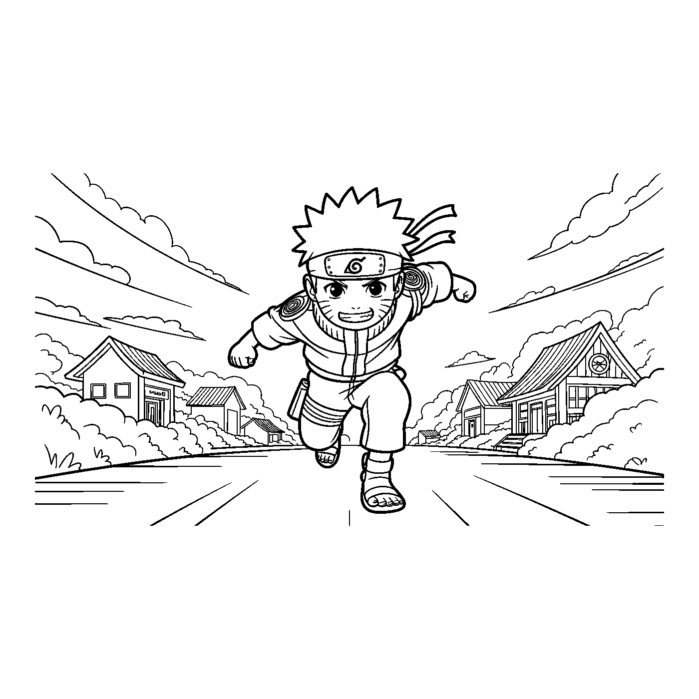Coloriage Naruto gratuit à imprimer : Naruto court dans le village